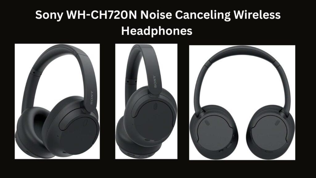 Sony WH-CH720N headphones with included USB-C charging cable and headphone cable.