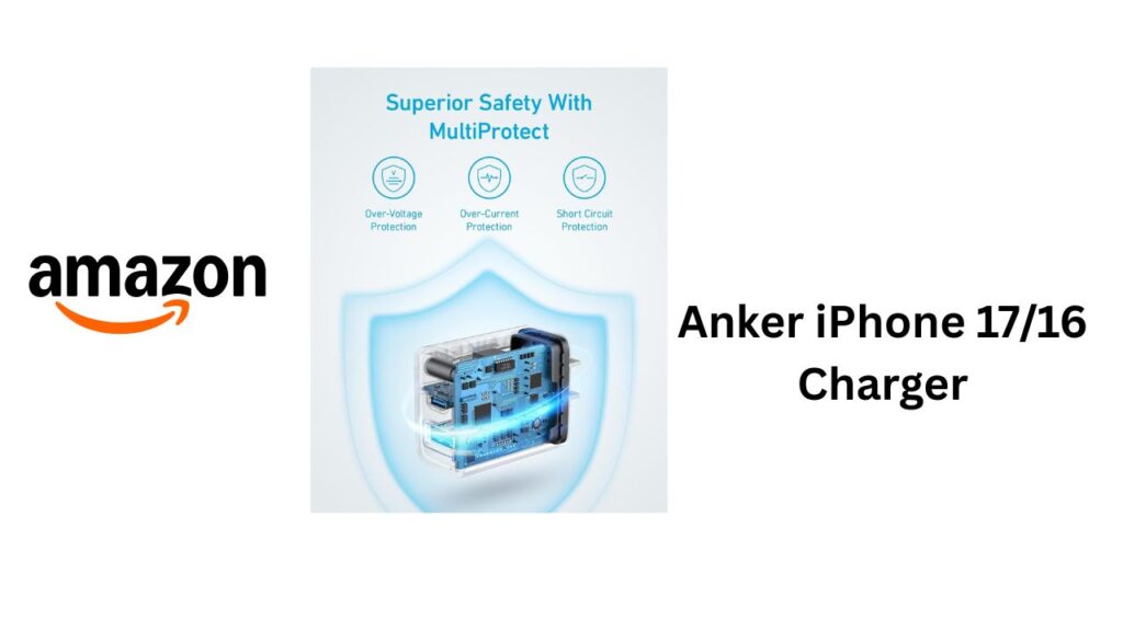 Anker fast charger for iPhone 17 and iPhone 16 with USB-C to Lightning cable, compact wall adapter providing quick and safe charging.