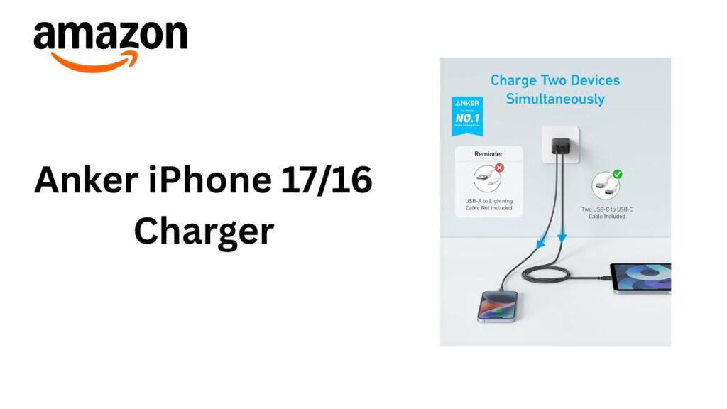 Anker fast charger for iPhone 17 and iPhone 16 with USB-C to Lightning cable, compact wall adapter providing quick and safe charging.