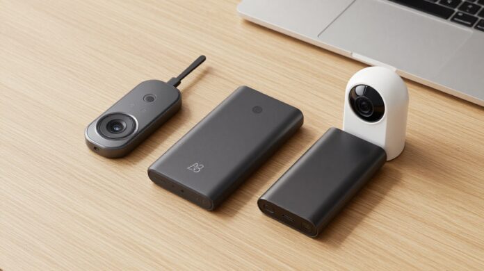 A minimalist flat-lay of modern tech gadgets, including a smart tracker and portable battery, arranged on a light oak desk.