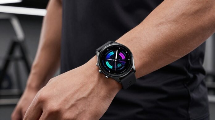 A sleek, futuristic fitness smartwatch from 2026 with a vibrant, glowing interface displaying health metrics, worn by an athlete in a modern, high-tech gym.