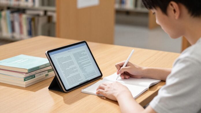 A college student using a tablet and stylus for digital note-taking on a sunny library desk.