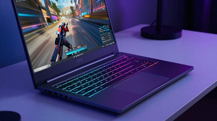 A sleek, high-performance gaming laptop with a vibrant RGB backlit keyboard and an action game on the screen, representing an elite model priced under $1,000