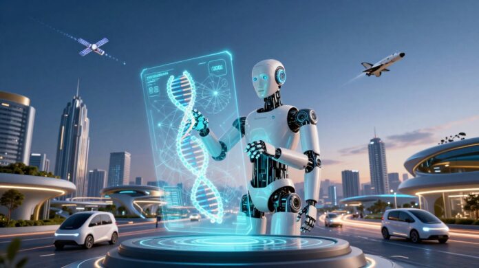 A futuristic collage featuring a humanoid robot, holographic AI interfaces, a smart city, and space exploration technology, illustrating the convergence of 20 emerging technologies.