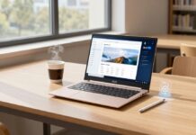 Best AI-Powered Laptops for Students: 2026 Rankings The 2026 Asus Zenbook A14 AI laptop in Zabrinskie Beige on a student desk, displaying a neural-network-powered academic interface on an OLED screen, representing the top-ranked AI-powered laptops for students in 2026.