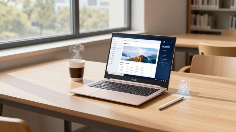 The 2026 Asus Zenbook A14 AI laptop in Zabrinskie Beige on a student desk, displaying a neural-network-powered academic interface on an OLED screen, representing the top-ranked AI-powered laptops for students in 2026.