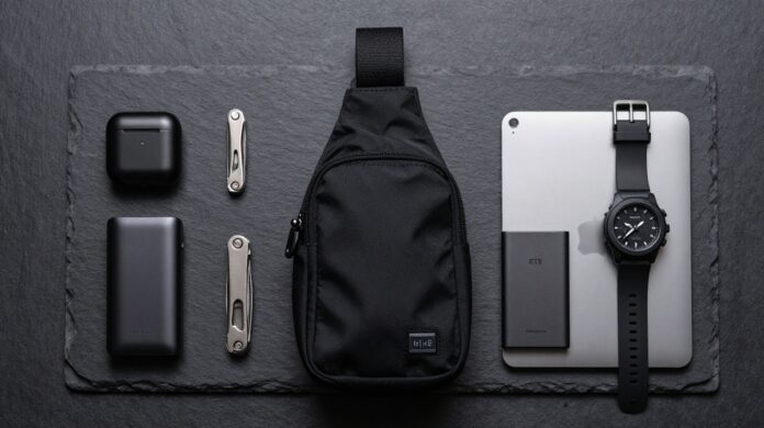 A curated collection of minimalist black and silver EDC gadgets, including a tiny power bank, compact SSD, and multi-tool, arranged around a small professional sling bag.