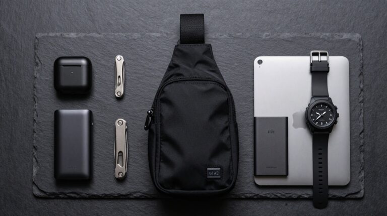 A curated collection of minimalist black and silver EDC gadgets, including a tiny power bank, compact SSD, and multi-tool, arranged around a small professional sling bag.