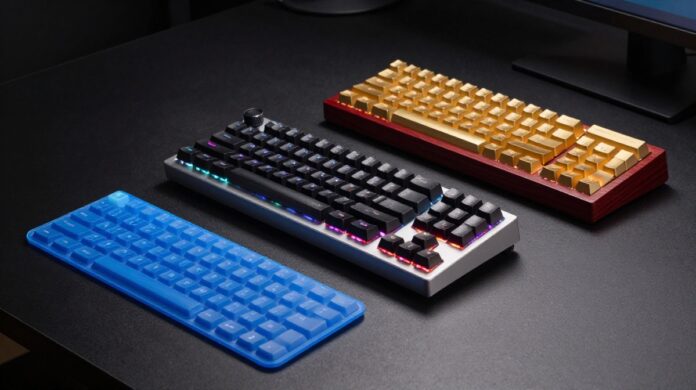 A visual comparison of three keyboards: a $2 flexible silicone membrane keyboard, a high-performance RGB mechanical keyboard, and a $2,000 luxury custom keyboard with gold and wood finishes.