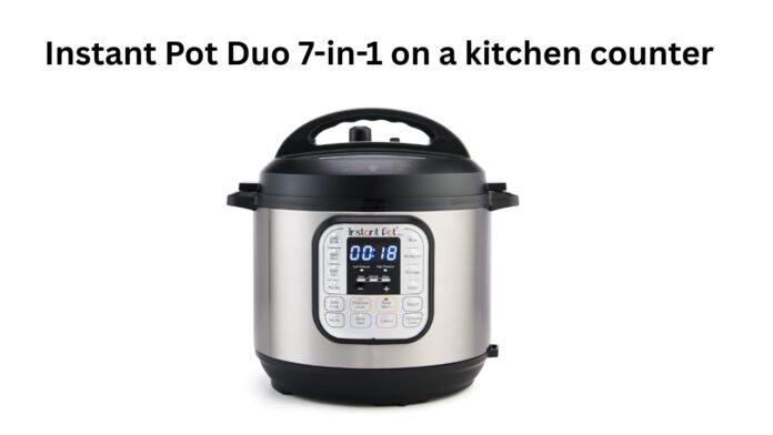 Instant Pot Duo 7-in-1 on a kitchen counter; Chef browning lamb in an Instant Pot; Air fryer lid on an Instant Pot.