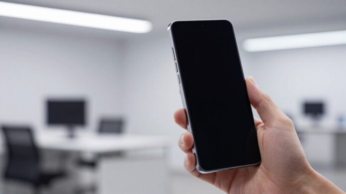 Samsung Galaxy S26 Ultra held at an angle, demonstrating the new Privacy Display feature which obscures the screen for bystanders while remaining clear for the user.