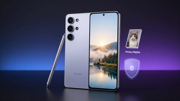 Samsung S26 Ultra showcasing its slim aluminum design and generative AI photo editing features, illustrating the balance between hardware and software innovation.