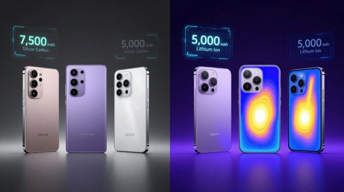 A comparison of 2026 flagship smartphones showing physical designs and thermal heat maps to illustrate the Silicon Carbon battery endurance and heat management test.