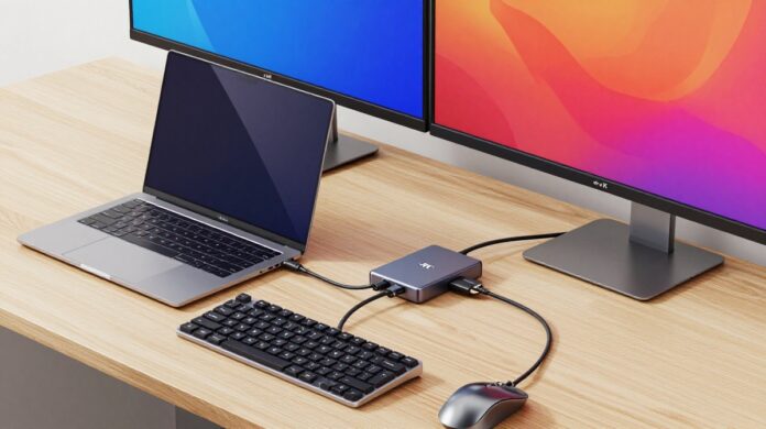A professional dual-monitor mobile office setup featuring a high-performance USB-C docking station connected to a laptop with clean cable management on a minimalist wooden desk.
