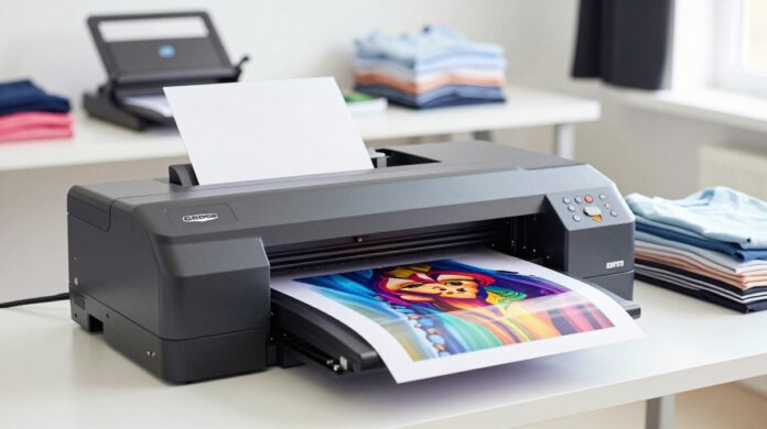A professional DTF printer for small business printing a vibrant custom graphic on transfer film in a modern home-office studio with a heat press and blank apparel in the background