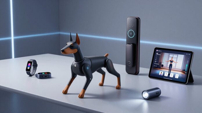 A collection of innovative Xiaomi tech including the Cyberdog 2 robot, a palm-scanning smart door lock, the Smart Band 10, and a multi-function survival flashlight, showcasing a futuristic consumer electronics ecosystem.