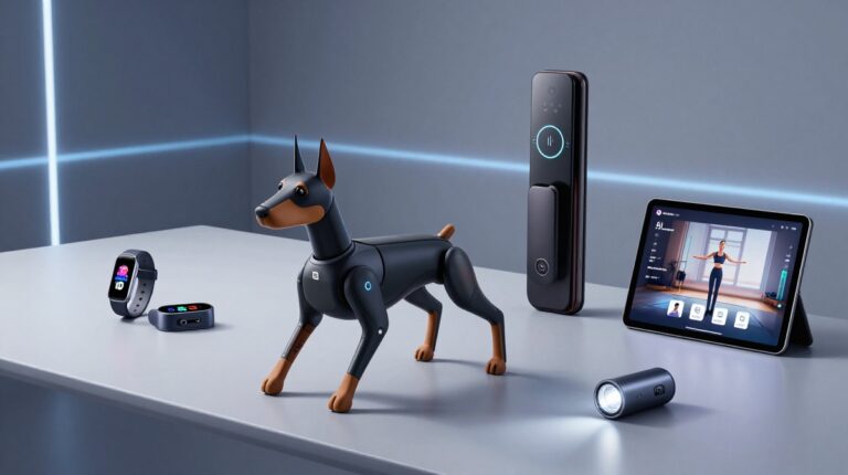 A collection of innovative Xiaomi tech including the Cyberdog 2 robot, a palm-scanning smart door lock, the Smart Band 10, and a multi-function survival flashlight, showcasing a futuristic consumer electronics ecosystem.