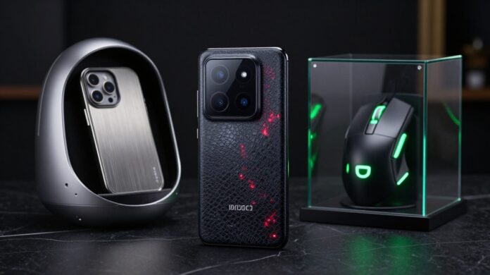 A luxury display of the rarest tech of 2026, featuring a heat-reactive Game of Thrones smartphone, an Arc Pulse Damascus titanium case in a capsule, and a limited edition Razer gaming mouse on a dark marble surface.