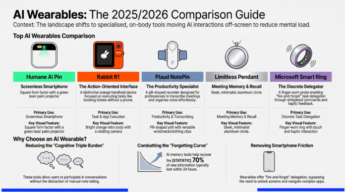 A clean, modern comparison graphic showcasing five leading AI wearables: the Humane AI Pin, Rabbit R1, Plaud NotePin, Limitless Pendant, and Microsoft Smart Ring. Each device is represented by a simple icon alongside its primary category (Productivity, Action, or Companion) and a standout visual feature, such as a laser projector or rotating camera.