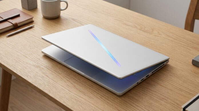 ASUS Zephyrus G16 (2026) thin gaming laptop in Platinum White, featuring an animated Slash Lighting lid and a 16-inch ROG Nebula OLED display.