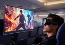 Affordable AR Glasses: Are They Finally Worth It in 2026? A tech enthusiast wearing RayNeo Air 4 Pro AR glasses on a flight, viewing a massive 201-inch virtual movie screen that floats in mid-air