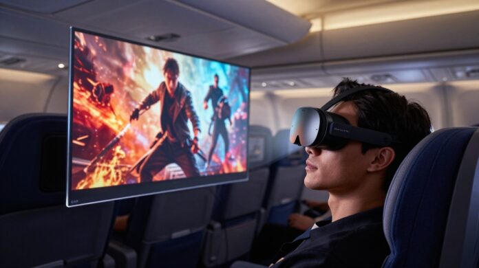A tech enthusiast wearing RayNeo Air 4 Pro AR glasses on a flight, viewing a massive 201-inch virtual movie screen that floats in mid-air