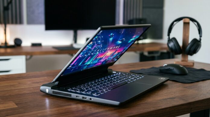 Alienware 15 2026 budget gaming laptop in Nova Black with white backlit keyboard on a modern desk