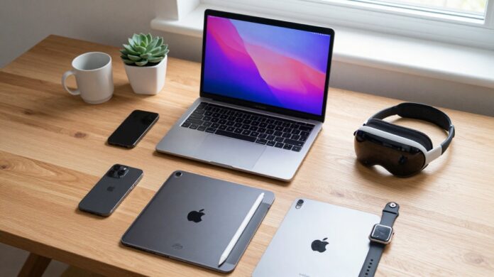 A comprehensive collection of 2026 Apple ecosystem products, including the iPhone 16e, MacBook Pro, iPad Pro with Apple Pencil, Apple Watch, and Apple Vision Pro, arranged on a modern minimalist desk.