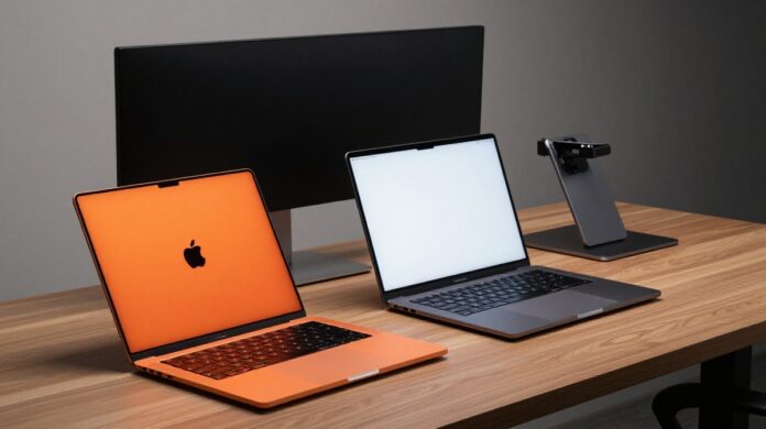 The 2026 Apple product lineup featuring the vibrant Citrus MacBook Neo, the powerful Space Black MacBook Pro M5, and the Studio Display XDR on a minimalist desk.