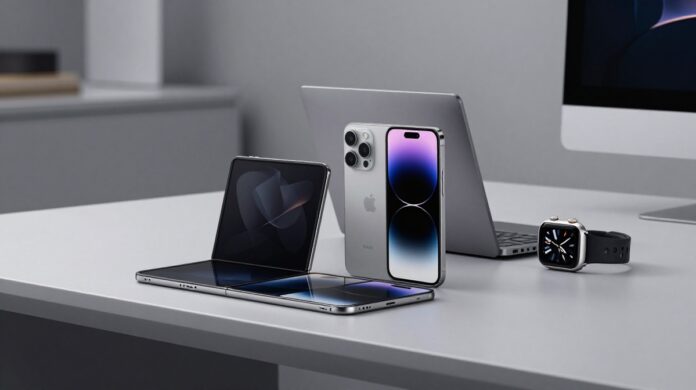 The 2025-2026 Apple product lineup featuring the foldable iPhone Ultra, the ultra-thin iPhone 17 Air, M5 MacBook Pro, and Apple Watch Ultra 3 on a minimalist background.