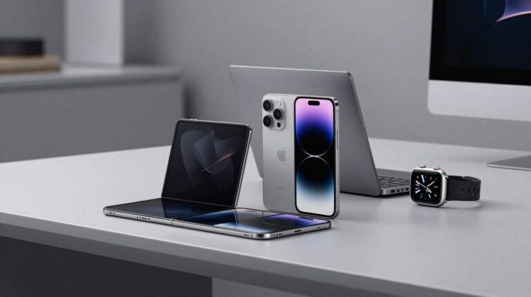 The 2025-2026 Apple product lineup featuring the foldable iPhone Ultra, the ultra-thin iPhone 17 Air, M5 MacBook Pro, and Apple Watch Ultra 3 on a minimalist background."