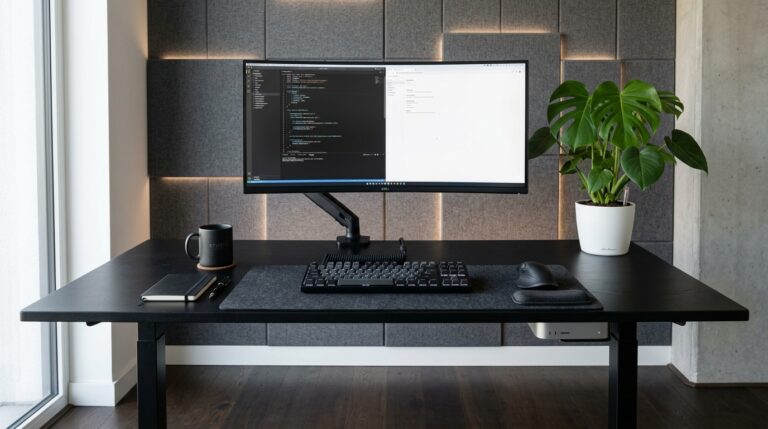 A clean and organized smart home office featuring a cable-managed desk, acoustic wall panels, and a self-watering plant to represent optimized tech choices.