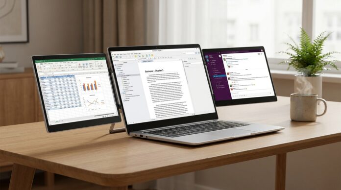Blackview Triple Screen Extender attached to a modern laptop on a desk, showcasing an ultra-slim triple-monitor setup for a 300% productivity boost.
