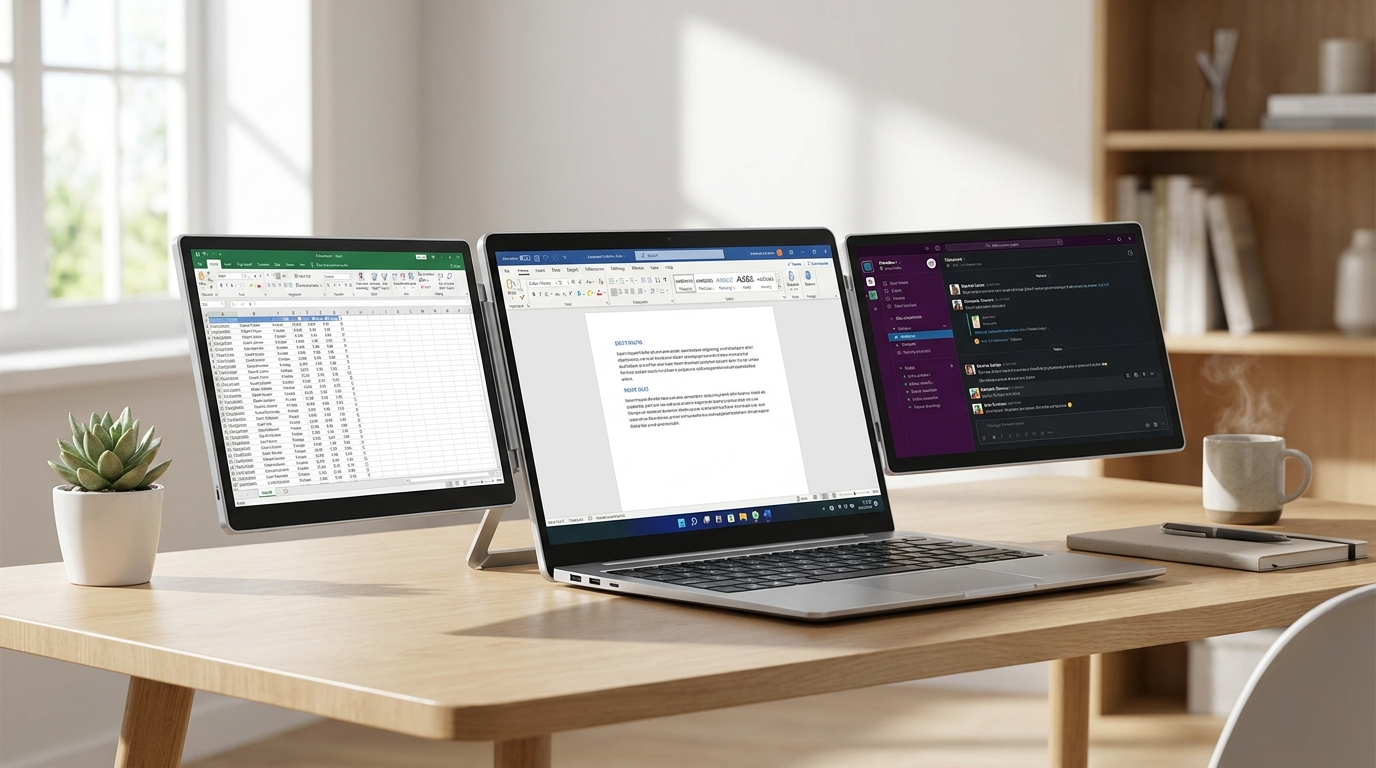 Blackview Triple Screen Extender attached to a modern laptop on a desk, showcasing an ultra-slim triple-monitor setup for a 300% productivity boost.