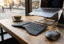 The 10 Best Foldable Bluetooth Keyboards 2026 Best foldable Bluetooth keyboards 2026 setup featuring an ergonomic split keyboard, Roost laptop stand, and portable monitor in a cafe workspace.