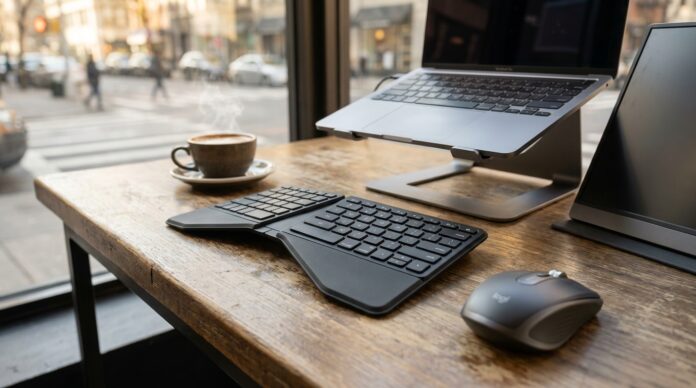 Best foldable Bluetooth keyboards 2026 setup featuring an ergonomic split keyboard, Roost laptop stand, and portable monitor in a cafe workspace.