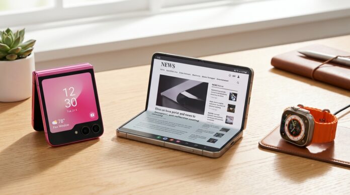 The Samsung Galaxy Z Fold 8, Z Flip 8, and Galaxy Watch Ultra 2 showcased together on a desk, highlighting the new wide foldable design and rugged smartwatch