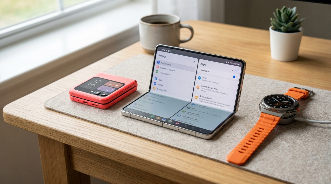 The Samsung Galaxy Z Fold 8, Z Flip 8, and Galaxy Watch Ultra 2 showcased together on a desk, highlighting the new wide foldable design and rugged smartwatch