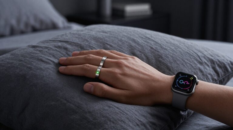 A side-by-side comparison of a smart ring and a smartwatch worn during sleep, illustrating the difference in form factor and comfort for sleep tracking in 2026