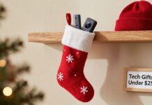Top 10 Tech Stocking Stuffers Under $25 A festive holiday stocking filled with various tech gadgets under $25, including a smart tracker, a streaming stick, and a Bluetooth beanie, in a warm home setting.