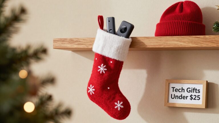 A festive holiday stocking filled with various tech gadgets under $25, including a smart tracker, a streaming stick, and a Bluetooth beanie, in a warm home setting.