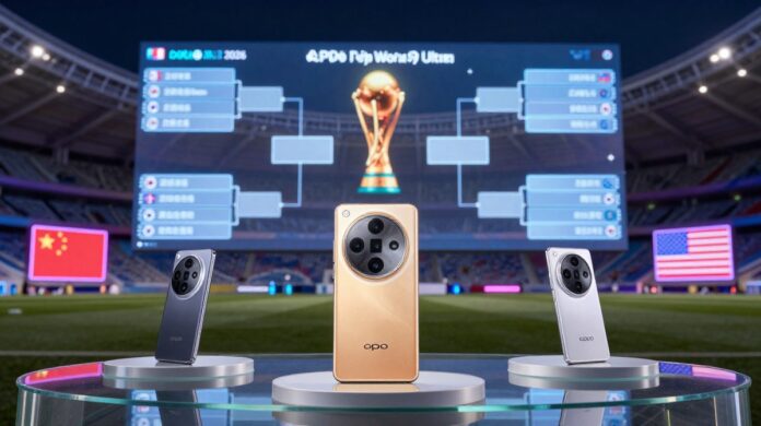 A futuristic tournament podium featuring the Oppo Find X9 Ultra and Nothing Phone 4 Pro against a backdrop of a digital smartphone world cup bracket and international flags.