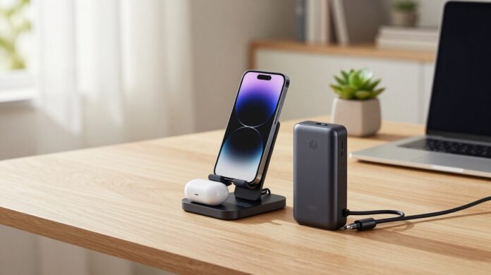 A minimalist workspace featuring a 3-in-1 wireless charging station, a portable 3-in-1 power bank, and multi-device charging solutions for a decluttered office and travel setup.