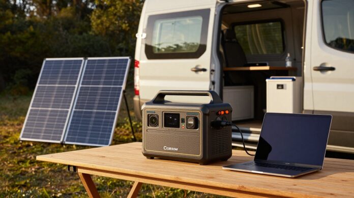 EcoFlow Delta 3 Max Plus portable power station with Callsun solar panels powering a laptop and fridge in a scenic off-grid forest setting.
