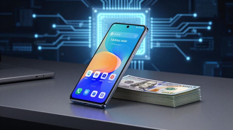 A sleek 2026 mid-range smartphone with a high-refresh-rate AMOLED screen and AI-themed digital overlays, representing the best value phones under $500