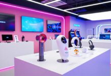 Living in 2050: Why South Korea’s “Crazy” Tech Scene Puts the West to Shame "A futuristic electronics retail store in Seoul, South Korea, featuring innovative gadgets, neon lighting, and high-tech displays for www.thegadgetnet.com.