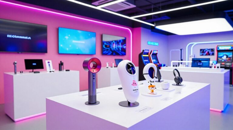 "A futuristic electronics retail store in Seoul, South Korea, featuring innovative gadgets, neon lighting, and high-tech displays for www.thegadgetnet.com.