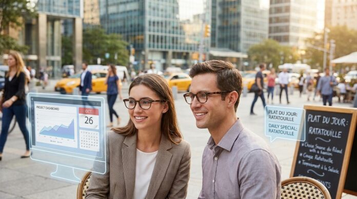 A person wearing sleek 2026 smart glasses featuring an augmented reality heads-up display with a virtual workspace and real-time language translation text in a sunny cafe.