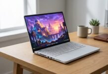 ASUS Zephyrus G14 2026 Review The 2026 ASUS Zephyrus G14 gaming laptop in Platinum White, featuring a refined CNC machined chassis and a bright 14-inch OLED display on a modern workspace