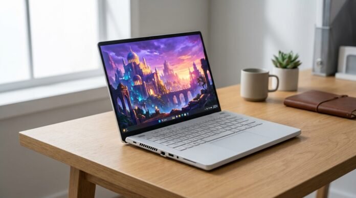 The 2026 ASUS Zephyrus G14 gaming laptop in Platinum White, featuring a refined CNC machined chassis and a bright 14-inch OLED display on a modern workspace